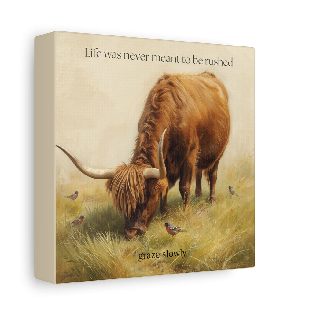 Graze Slowly Wall Art Minimal Highland Cow Print for Slow Living Spaces
