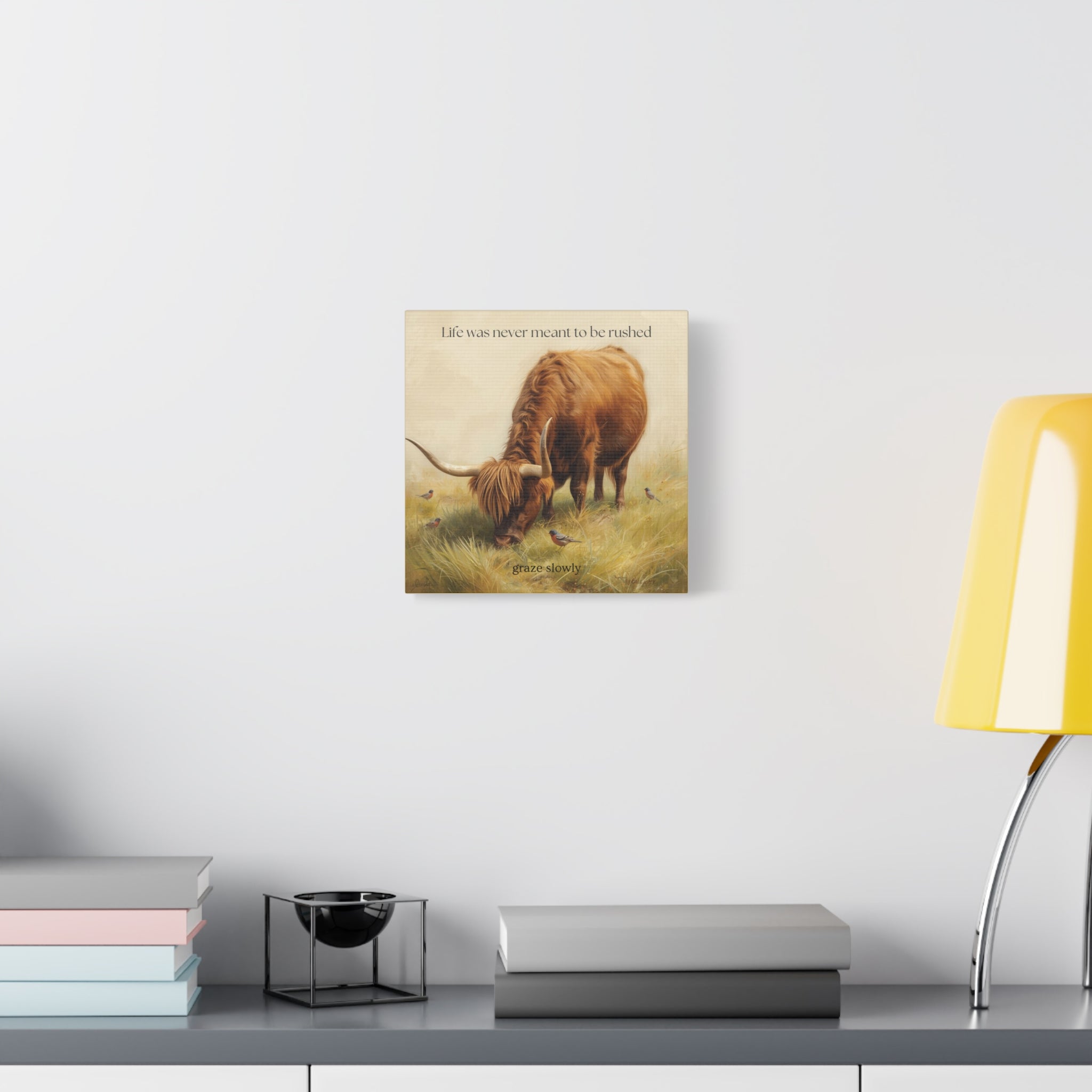 Graze Slowly Wall Art Minimal Highland Cow Print for Slow Living Spaces