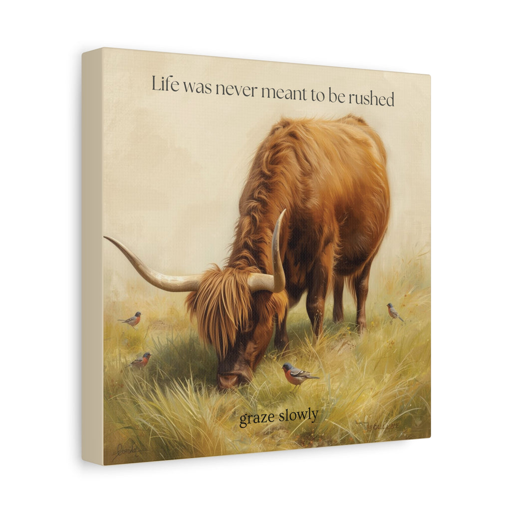 Graze Slowly Wall Art Minimal Highland Cow Print for Slow Living Spaces