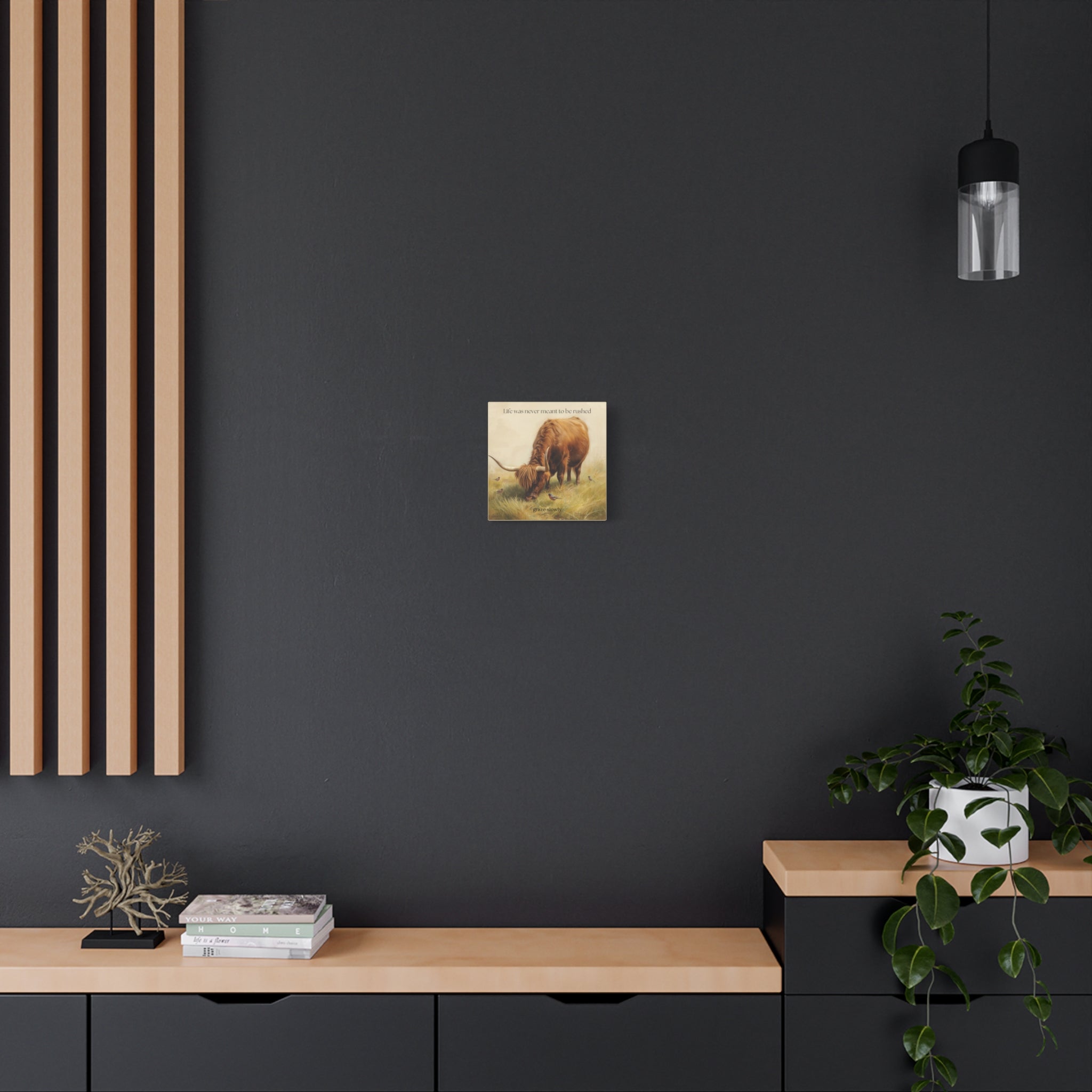 Graze Slowly Wall Art Minimal Highland Cow Print for Slow Living Spaces